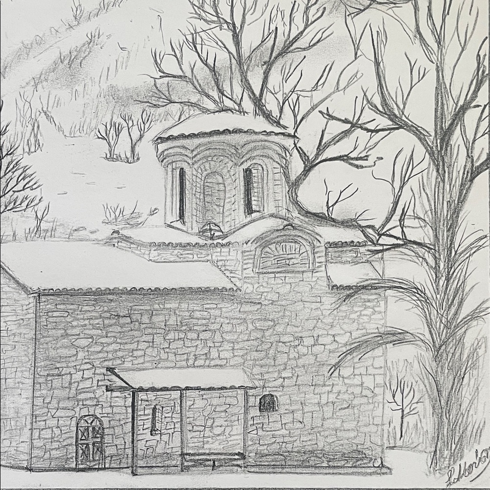 L Kousy Signed Monochrome Sketch Church Mountain Winter Art Print 10x8 Unframed